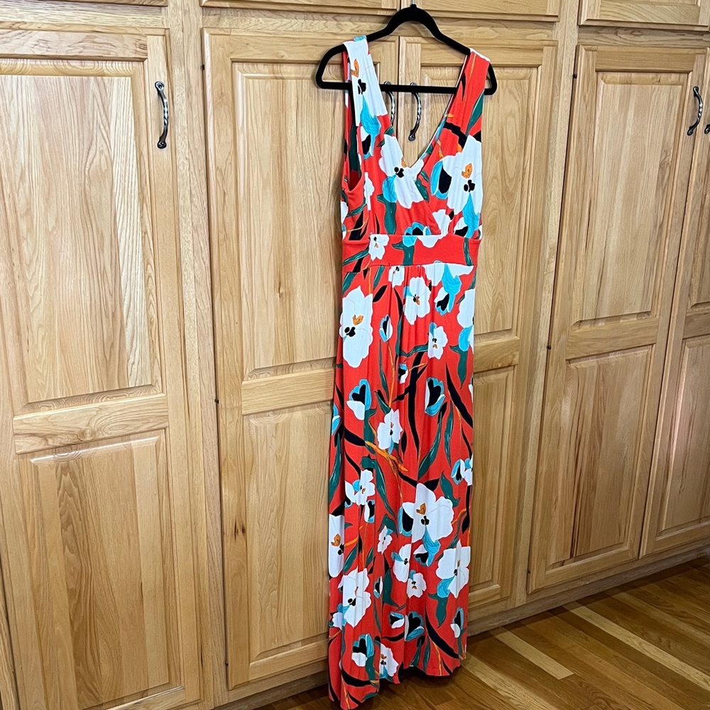 Sigrid Olsen Orange Floral V-Neck Maxi Dress with White & Teal Blooms